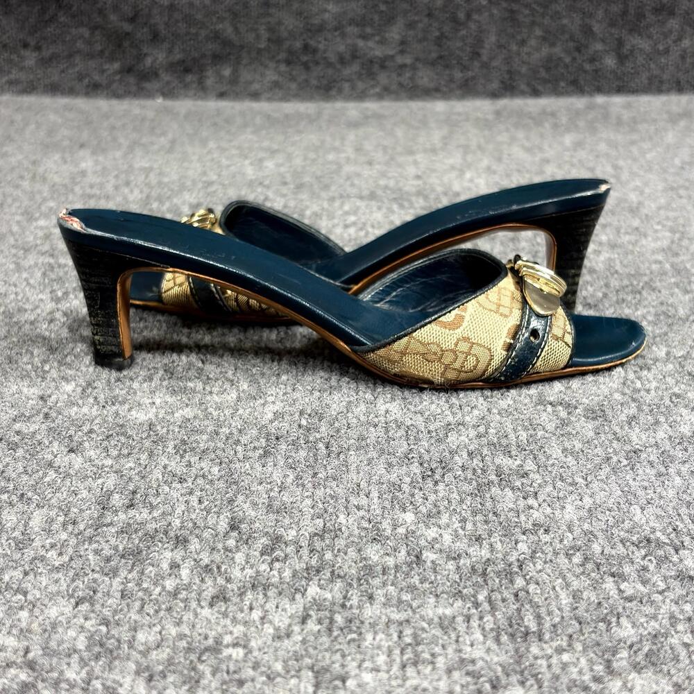 Vintage Gucci Shoes Womens 6 GG Logo Canvas Leather Horsebit Kitten Mules Sandal